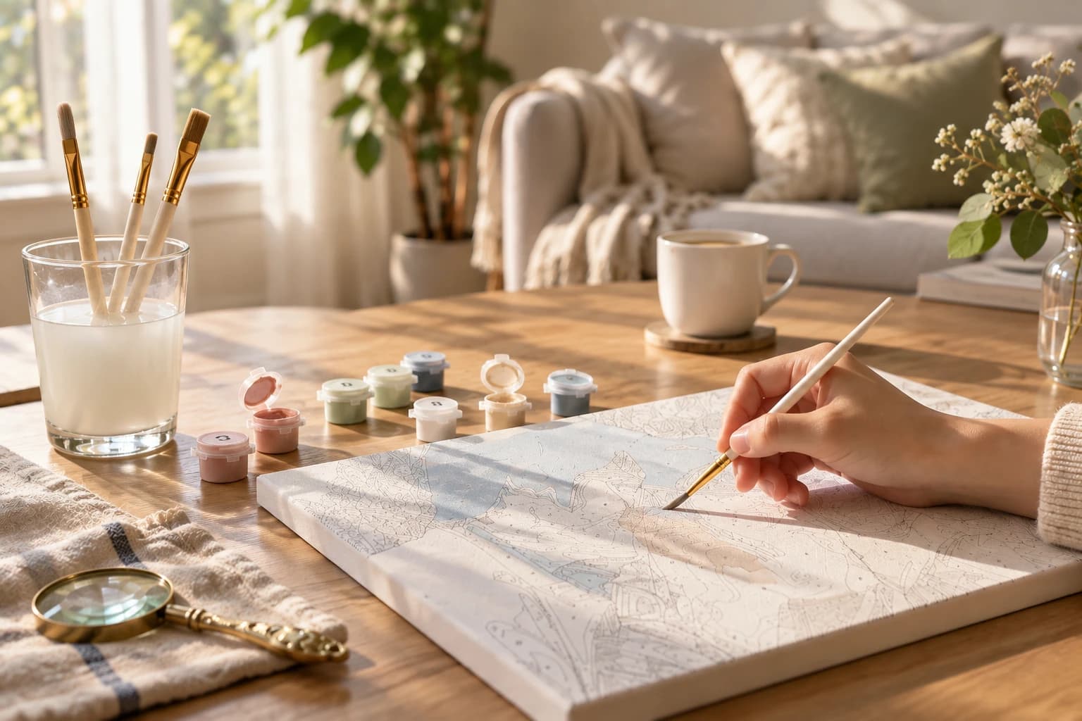 日の差す木のテーブルで、番号付きのキャンバスに筆で色を塗る手元と絵の具