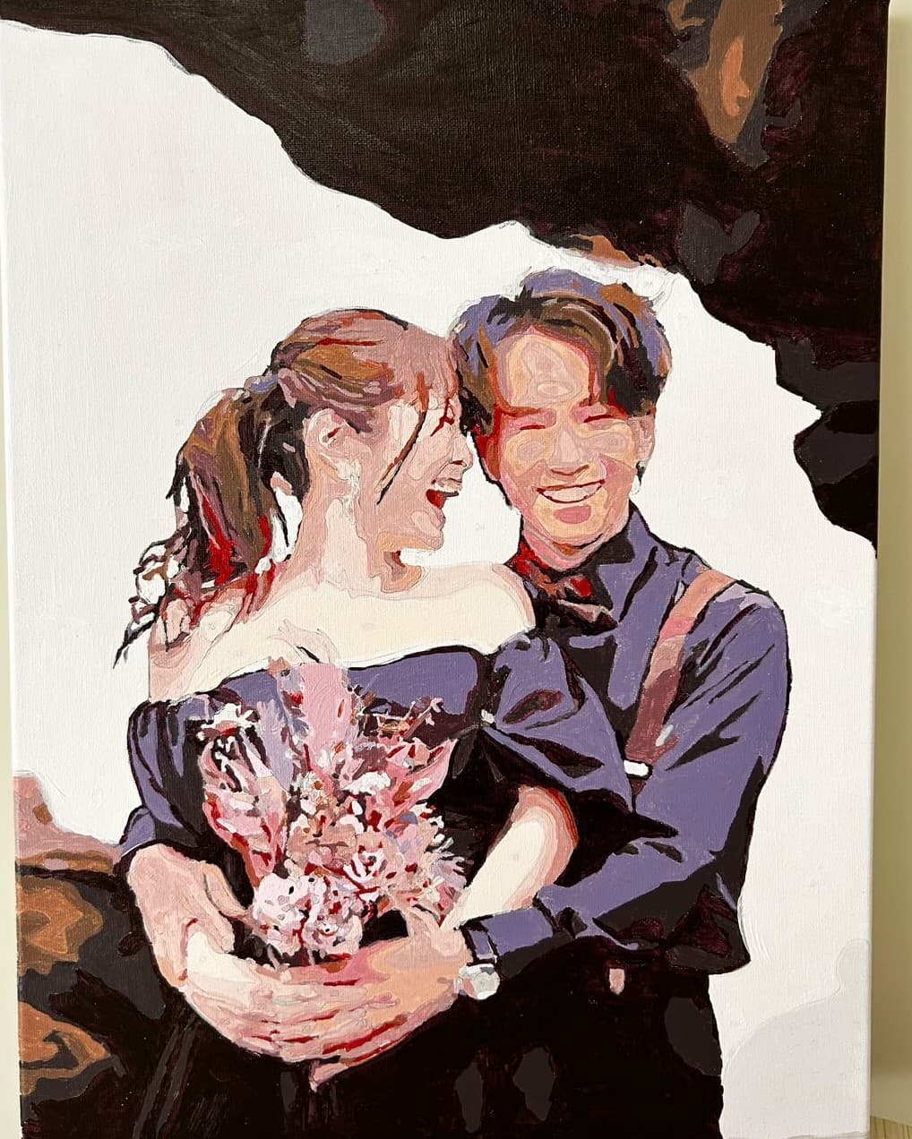 花束を持つ新郎新婦を描いた作品