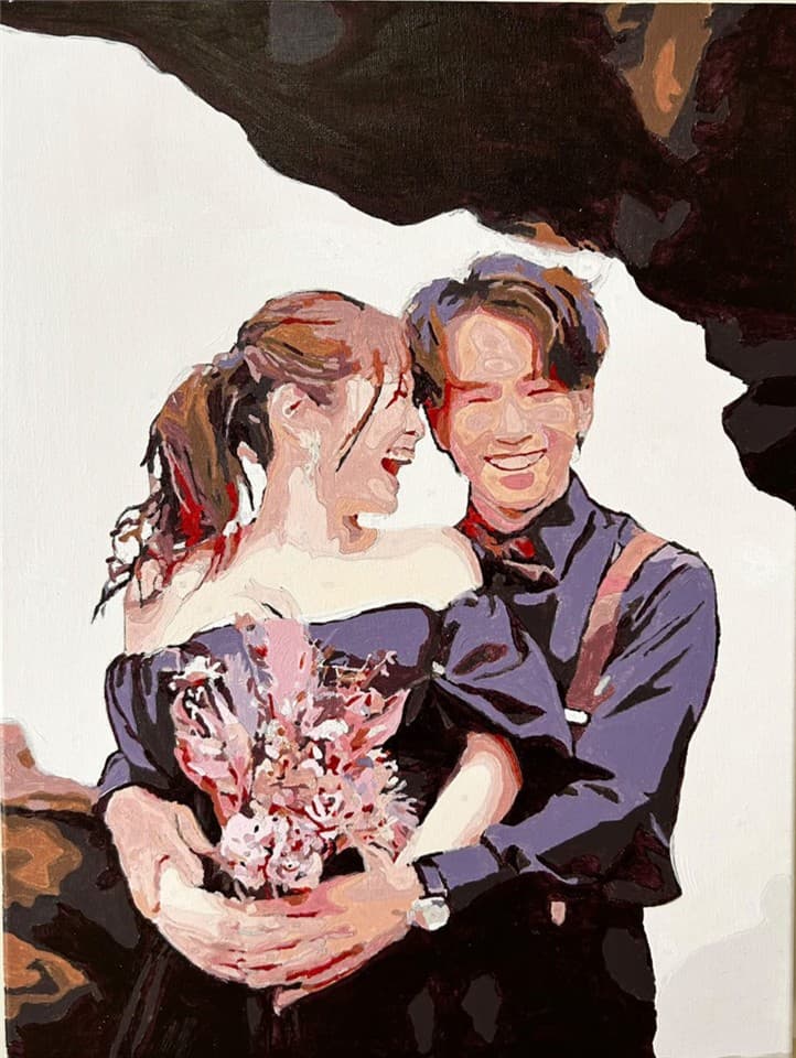 花束を持つふたりを描いた作品