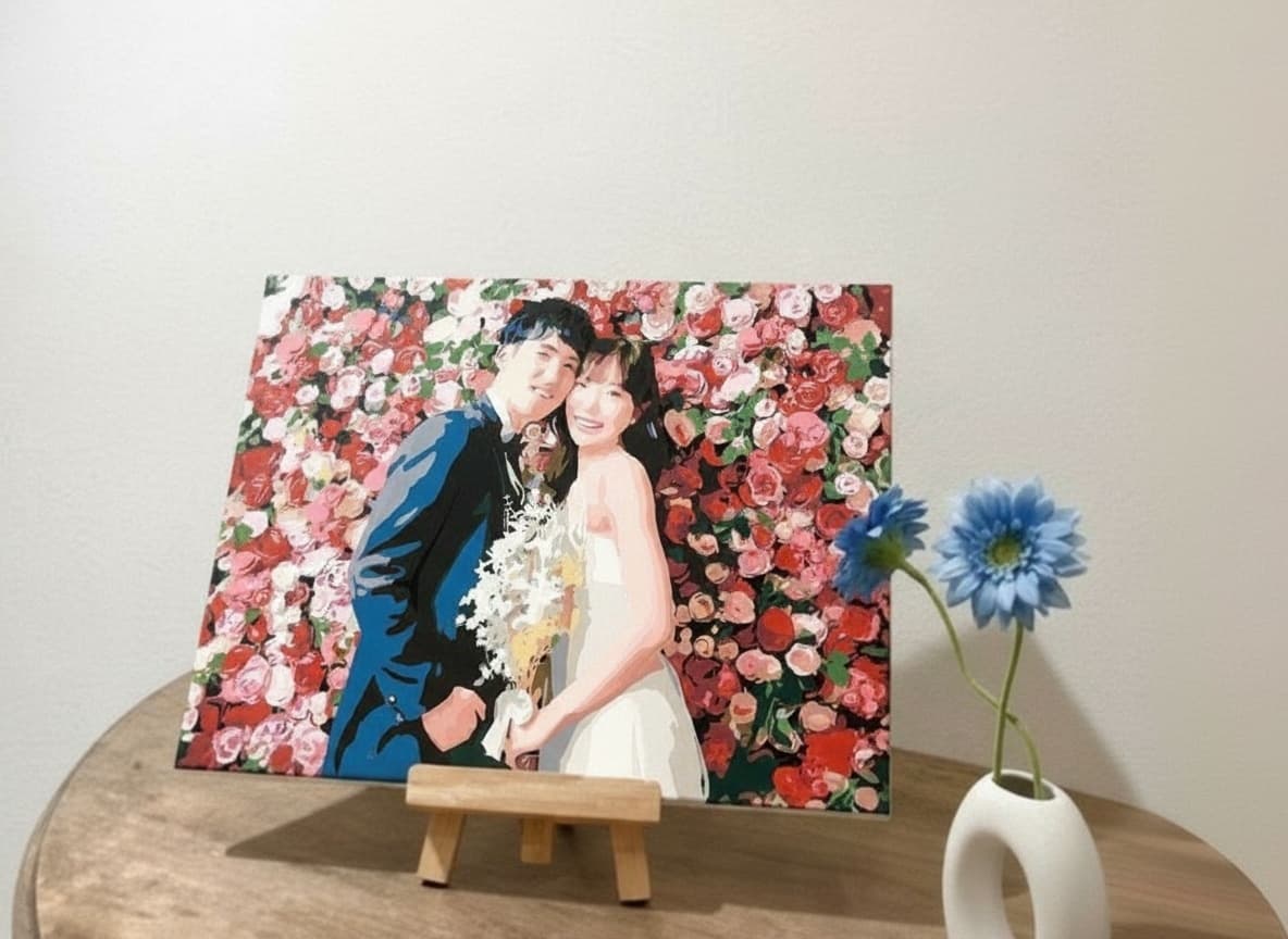 バラの背景の完成作品を、小さなイーゼルに飾った例