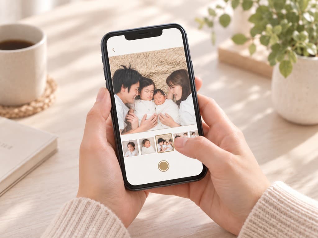 スマートフォンで家族写真を選んでいるイメージ