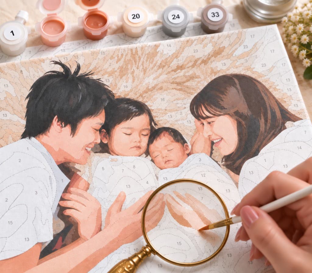 番号付きの下絵に筆で色を重ねる制作イメージ