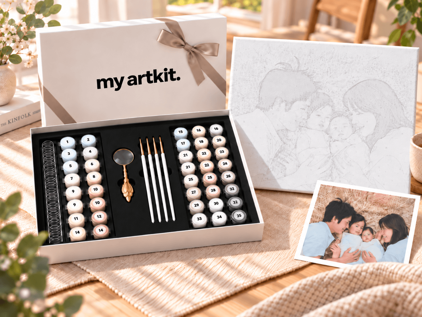家族写真からつくるキットの内容イメージ。番号付きの下絵・絵の具・筆・ルーペとギフトBOX