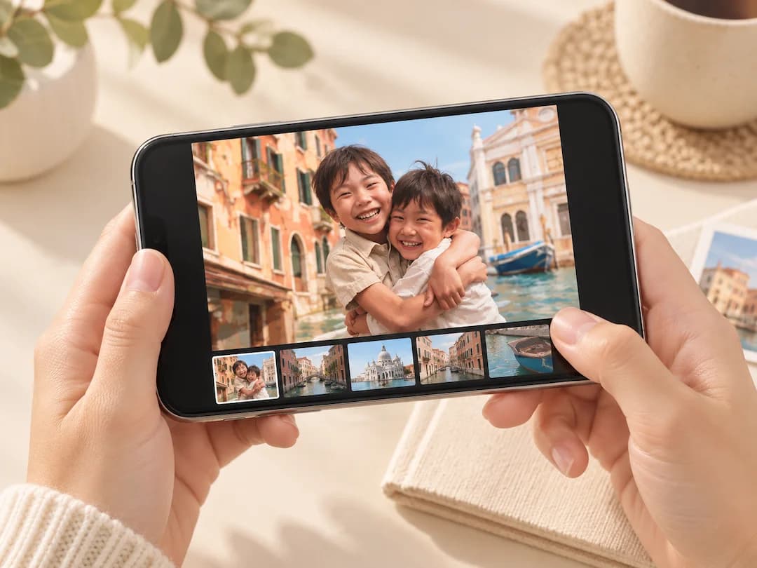 スマートフォンで旅先の写真を選ぶイメージ