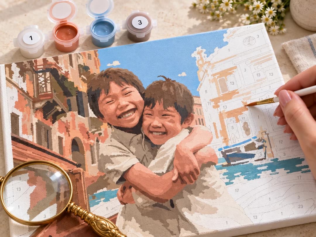 旅先の街並みと兄弟の下絵に色を塗り、絵の具とルーペを使う制作イメージ