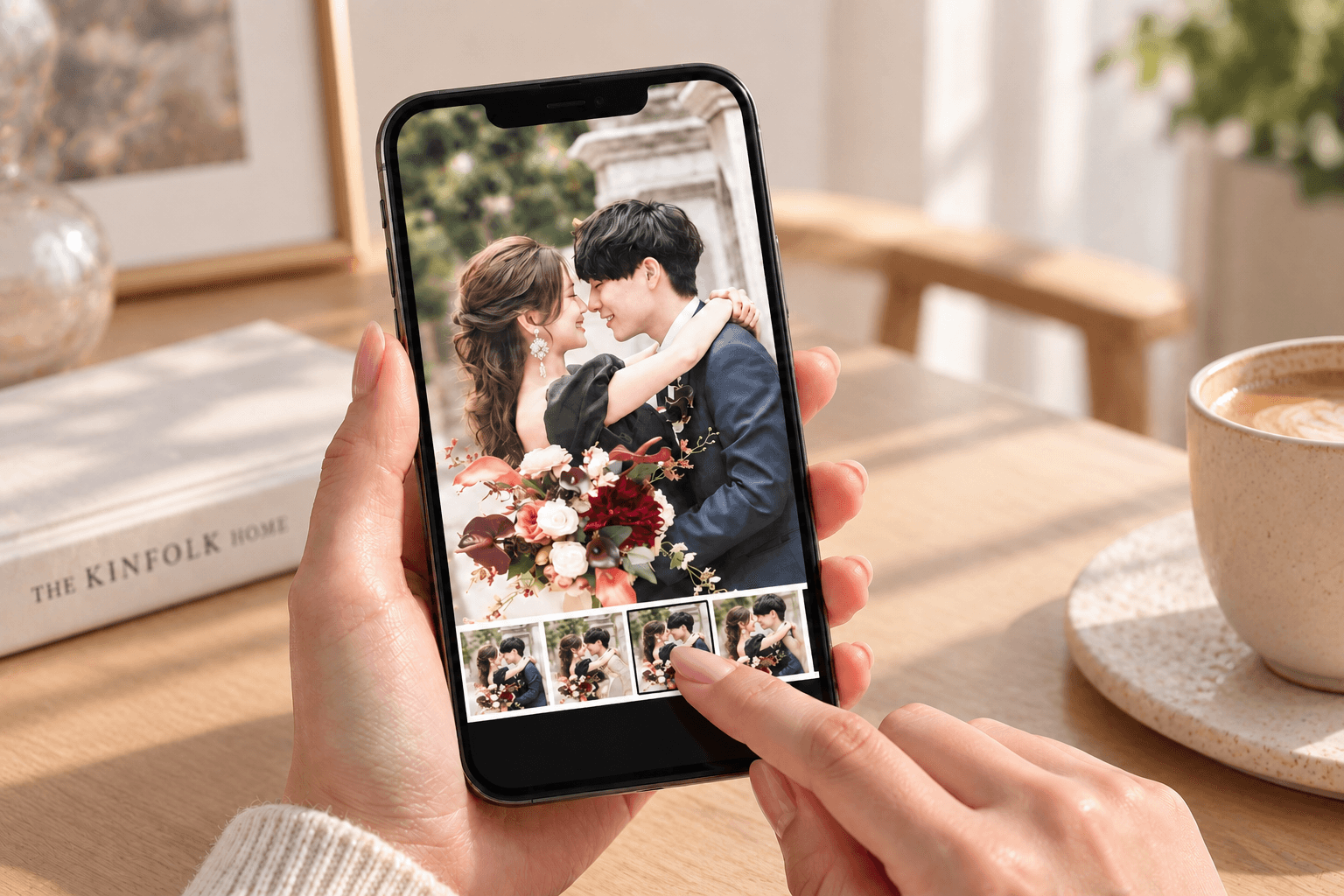 スマートフォンでふたりの結婚写真を選ぶイメージ