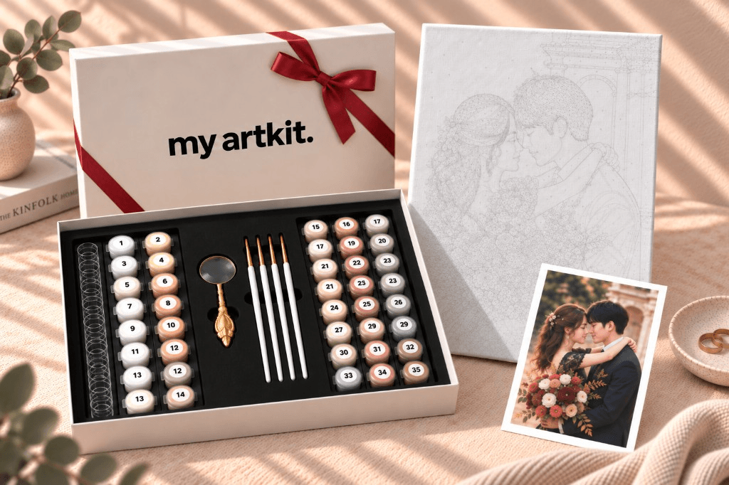 赤いリボンのギフトBOXと結婚写真から作る下絵・絵の具・筆・ルーペのセットイメージ