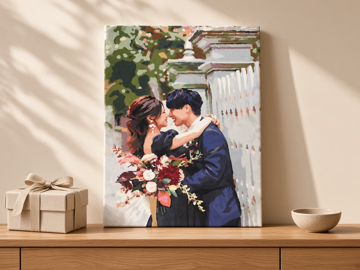 完成した結婚写真の作品を、部屋の棚とギフトボックスと一緒に飾ったイメージ