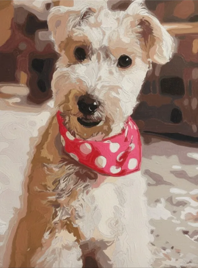 赤い水玉のバンダナを付けた犬を描いた作品