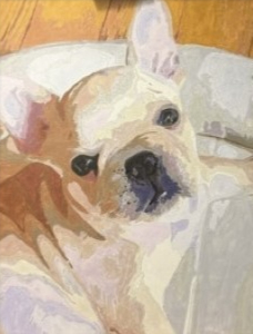 白い犬が首をかしげる姿を描いた作品